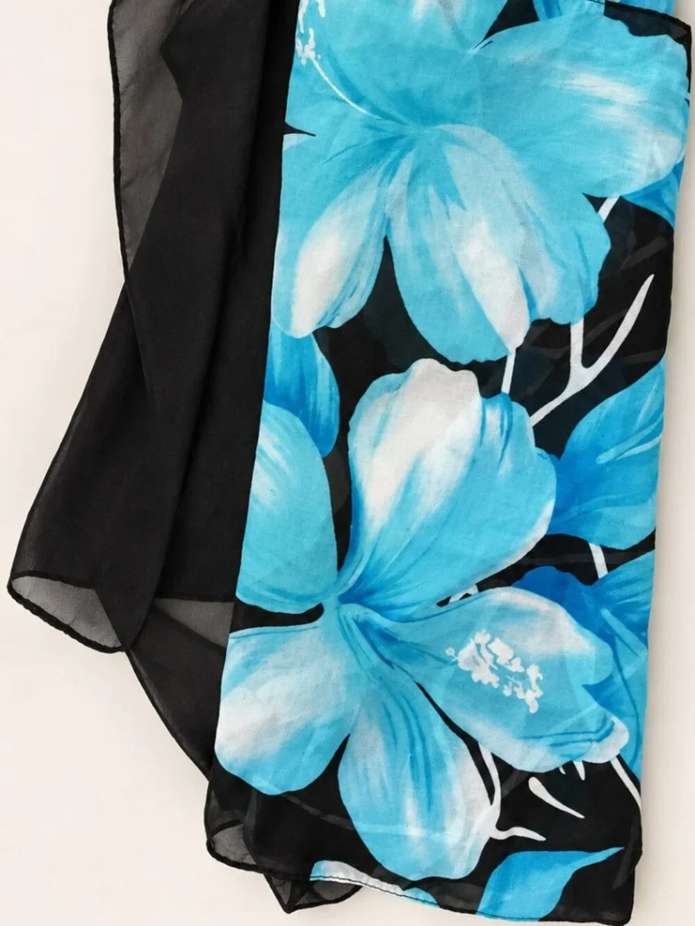 Sheer Aqua Floral Lightweight Wrap Scarf Black Blue